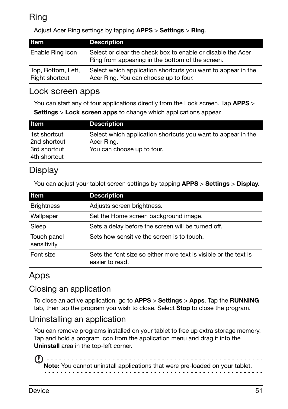 Ring, Lock screen apps, Display | Apps, Closing an application, Uninstalling an application | Acer A210 User Manual | Page 51 / 59