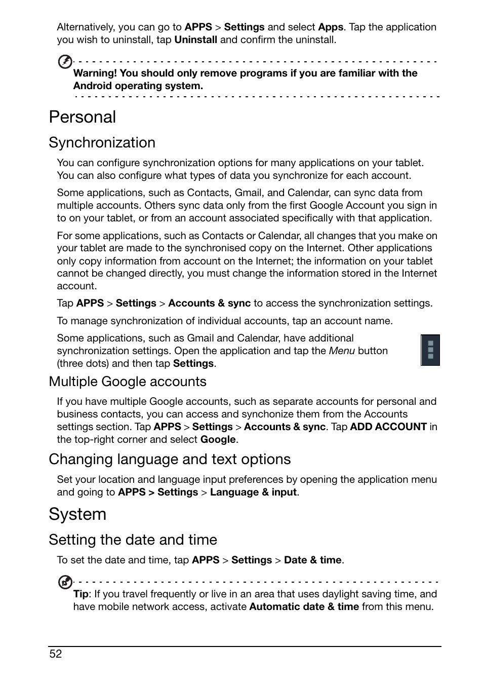 Personal, System, Synchronization | Changing language and text options, Setting the date and time, Multiple google accounts | Acer A210 User Manual | Page 52 / 59