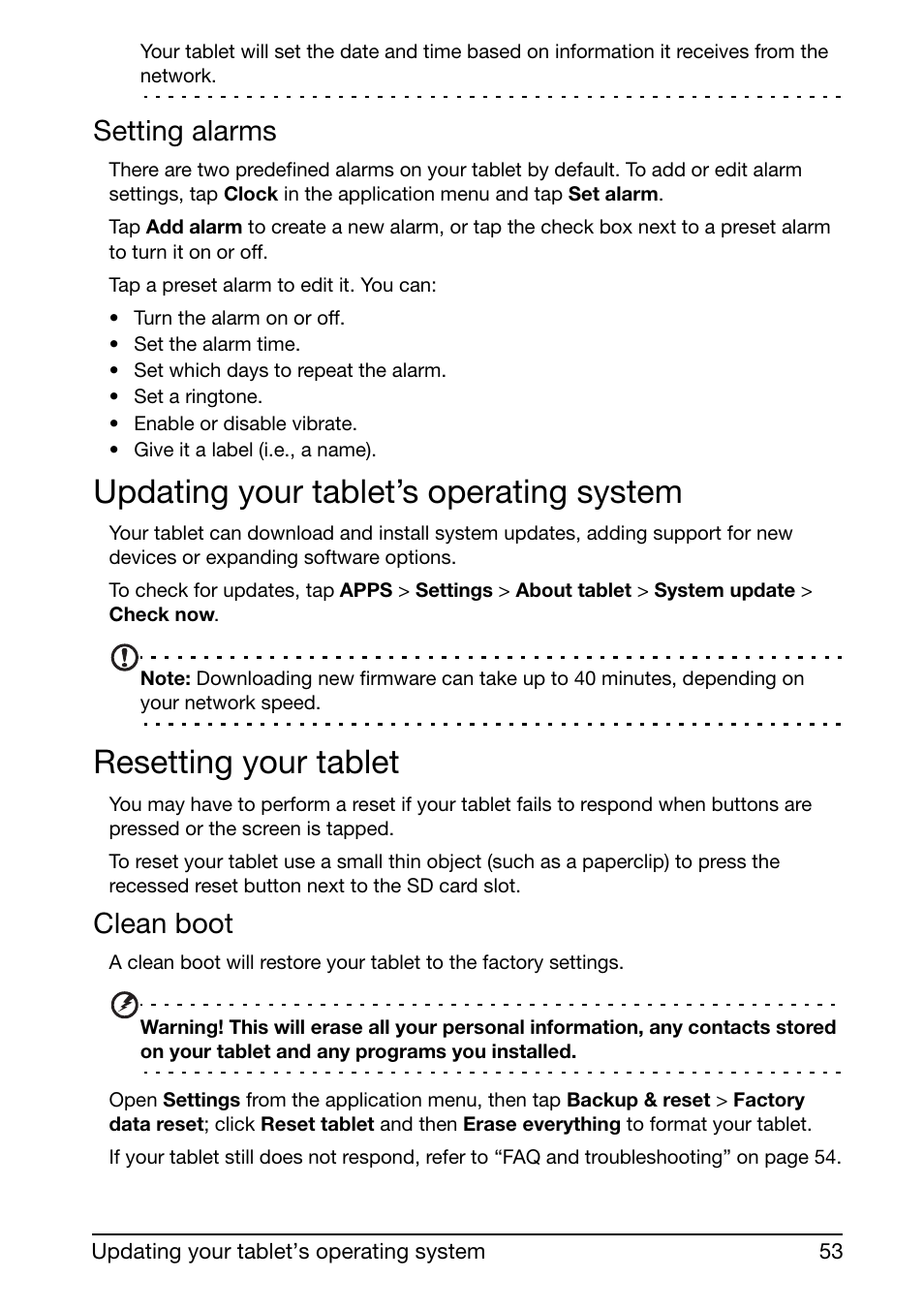 Updating your tablet’s operating system, Resetting your tablet, Setting alarms | Clean boot | Acer A210 User Manual | Page 53 / 59
