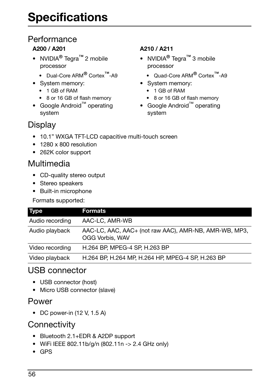 Specifications, Performance, Display | Multimedia, Usb connector, Power, Connectivity | Acer A210 User Manual | Page 56 / 59