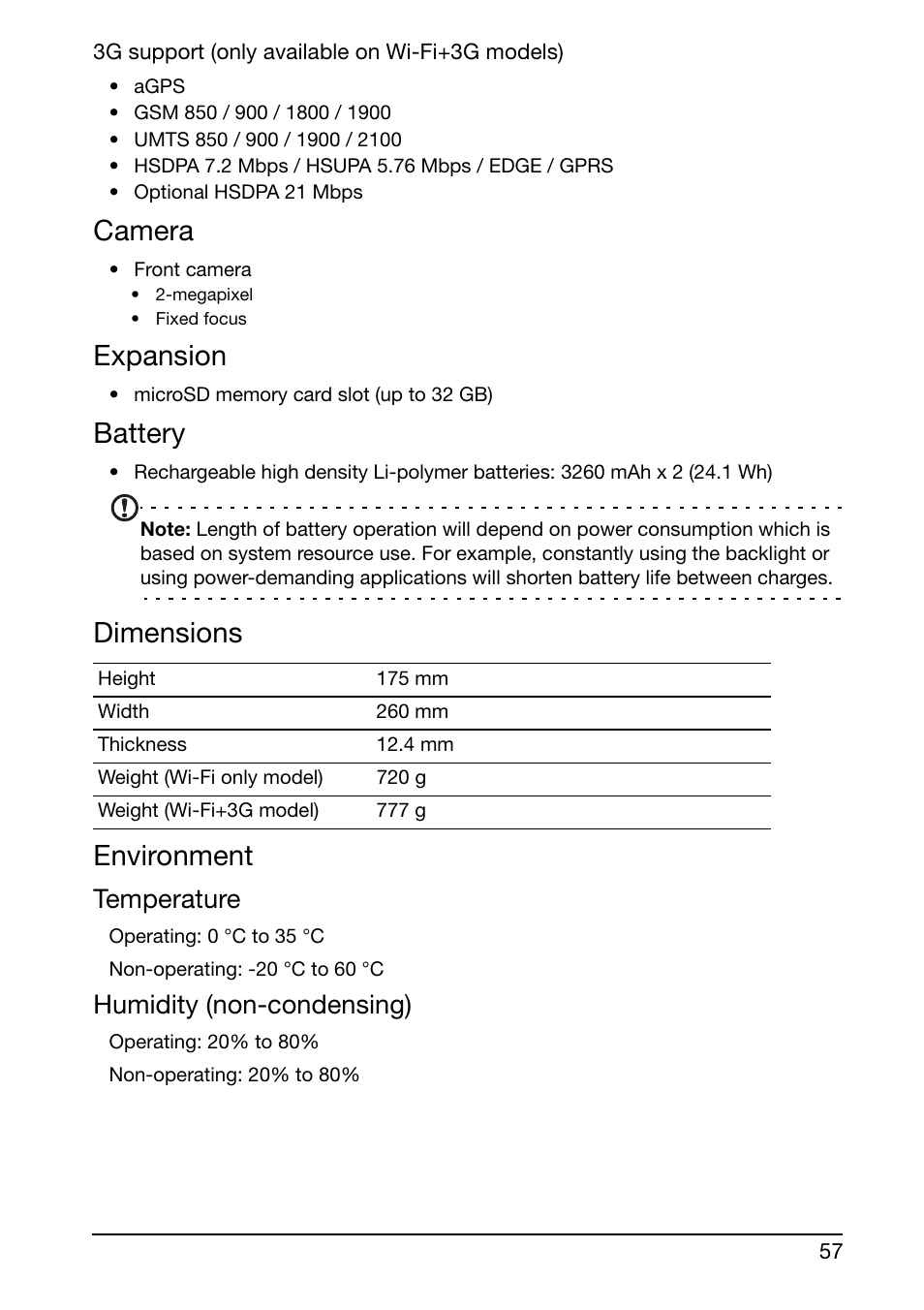 Camera, Expansion, Battery | Dimensions environment, Temperature, Humidity (non-condensing) | Acer A210 User Manual | Page 57 / 59