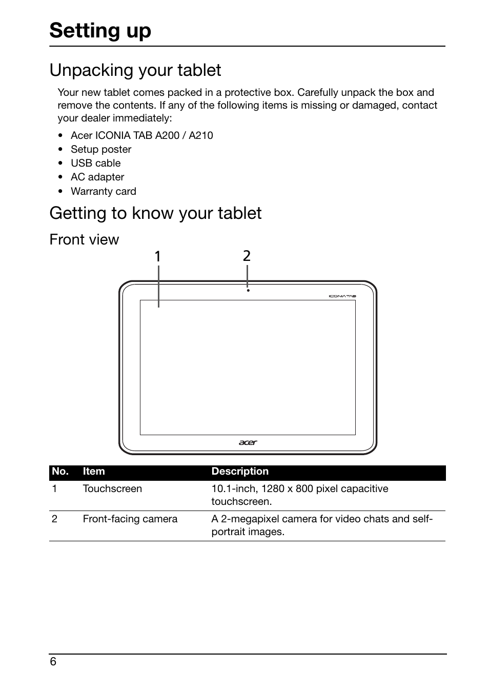 Unpacking your tablet, Getting to know your tablet, Setting up | Front 1 2 view | Acer A210 User Manual | Page 6 / 59