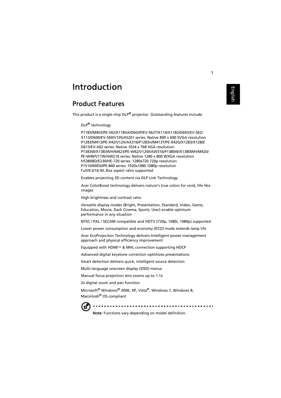 Introduction, Product features | Acer P1380W User Manual | Page 11 / 69