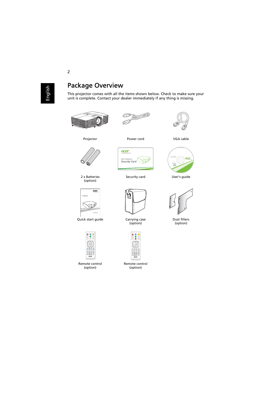 Package overview | Acer P1380W User Manual | Page 12 / 69