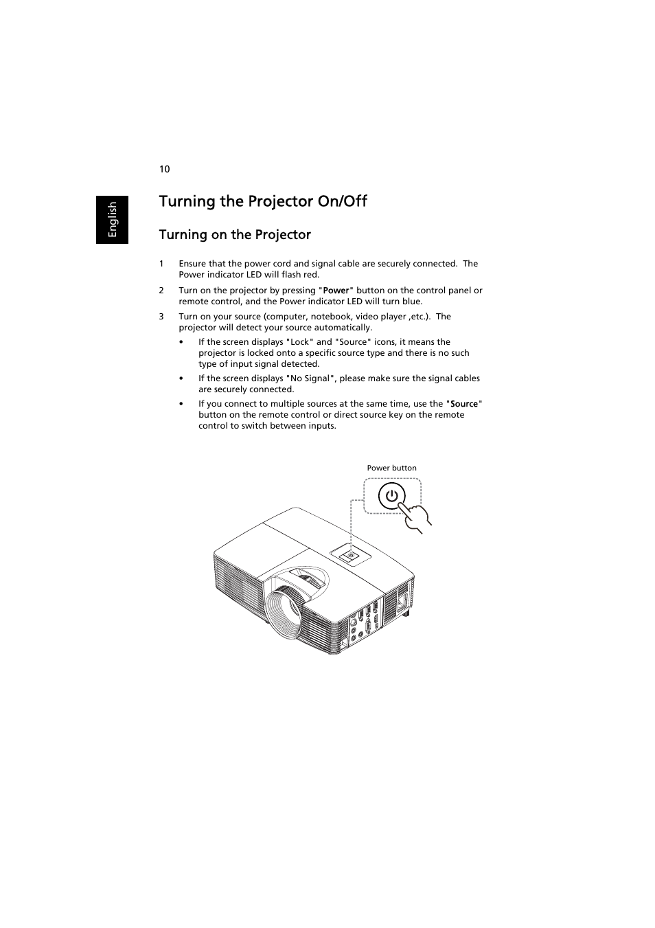 Turning the projector on/off, Turning on the projector | Acer P1380W User Manual | Page 20 / 69