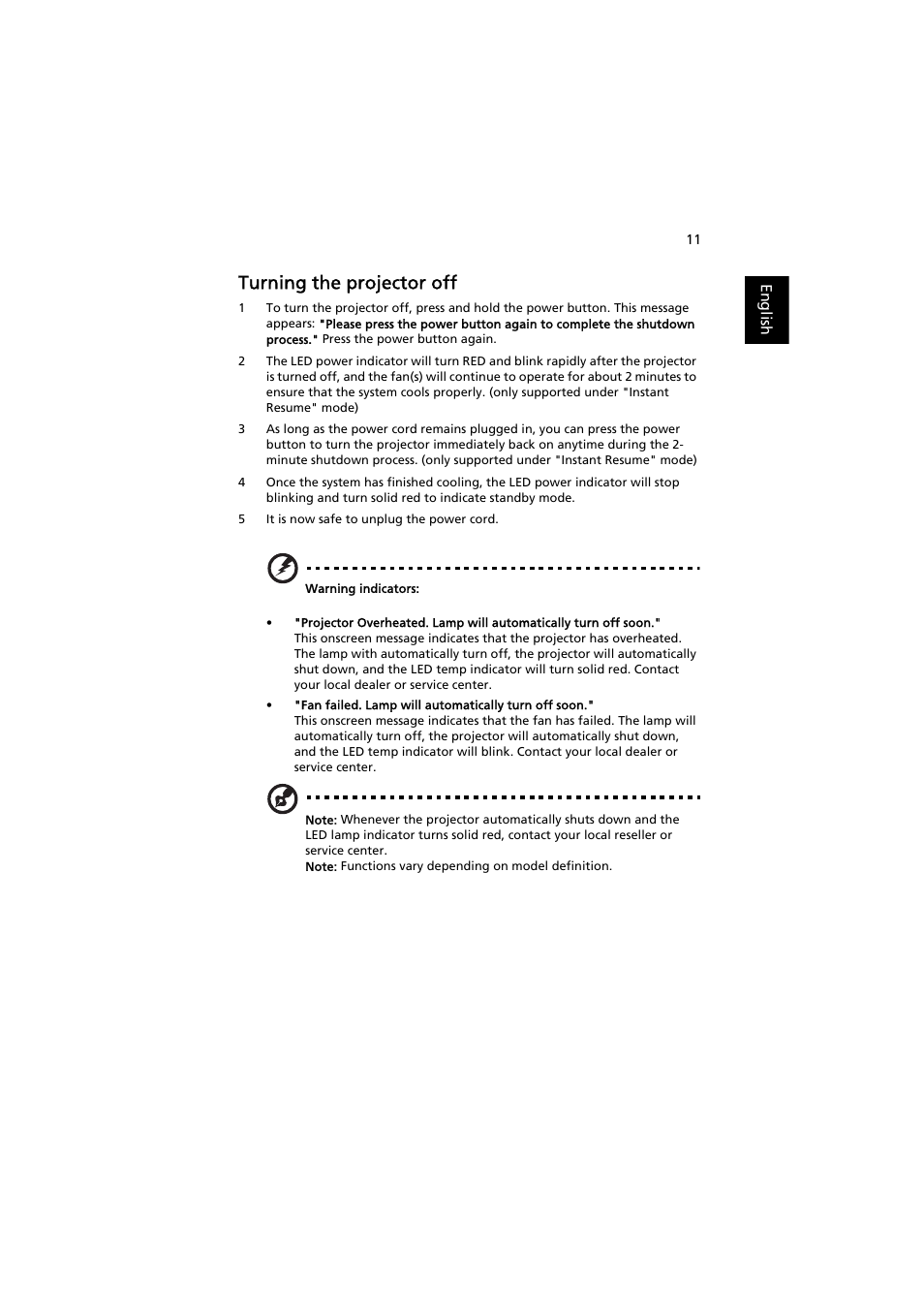 Turning the projector off | Acer P1380W User Manual | Page 21 / 69