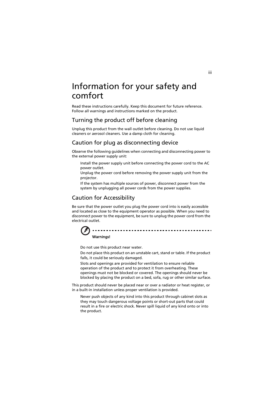 Information for your safety and comfort, Turning the product off before cleaning, Caution for plug as disconnecting device | Caution for accessibility | Acer P1380W User Manual | Page 3 / 69