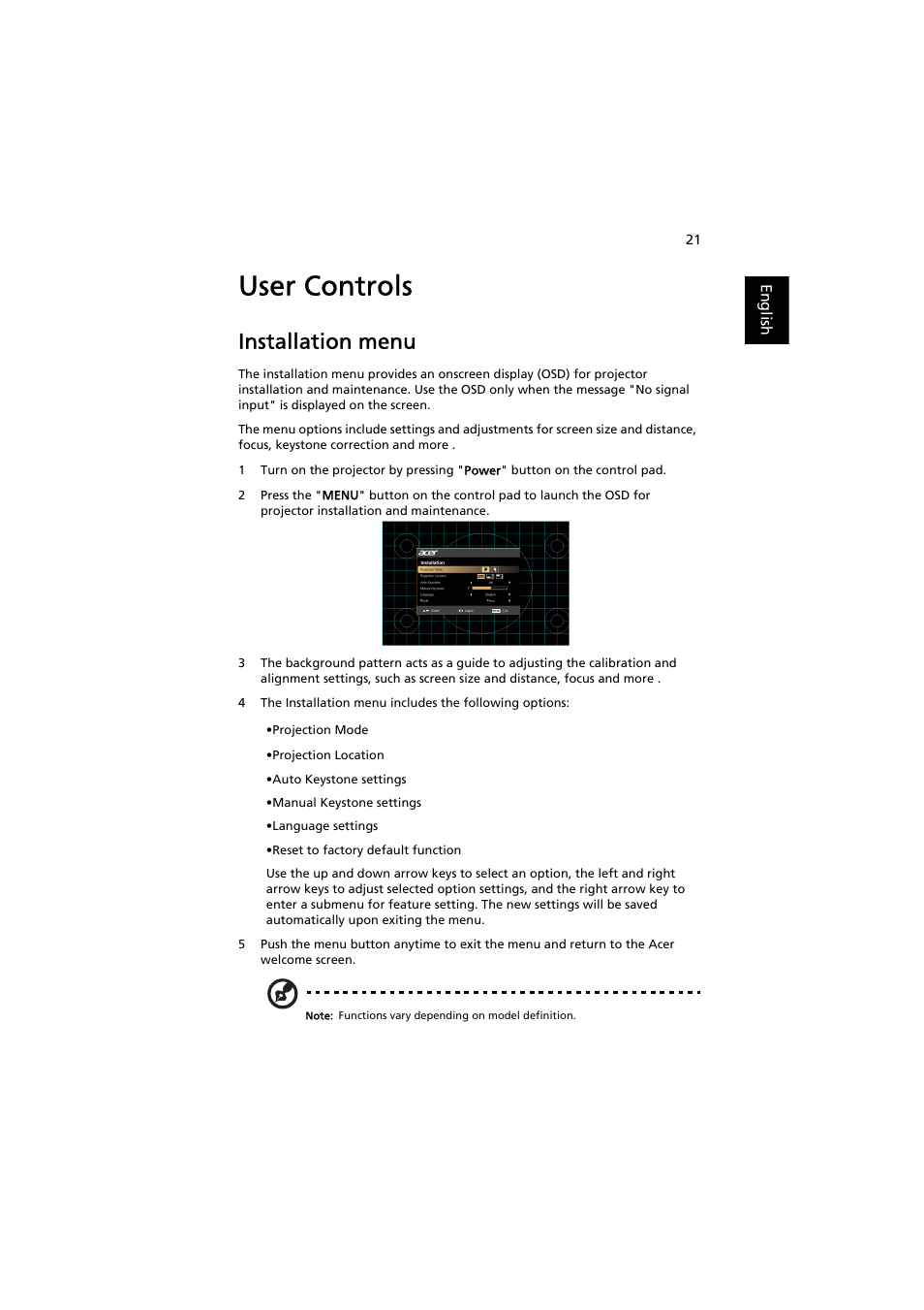 User controls, Installation menu | Acer P1380W User Manual | Page 31 / 69