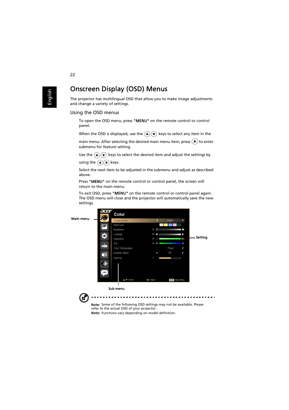 Onscreen display (osd) menus | Acer P1380W User Manual | Page 32 / 69