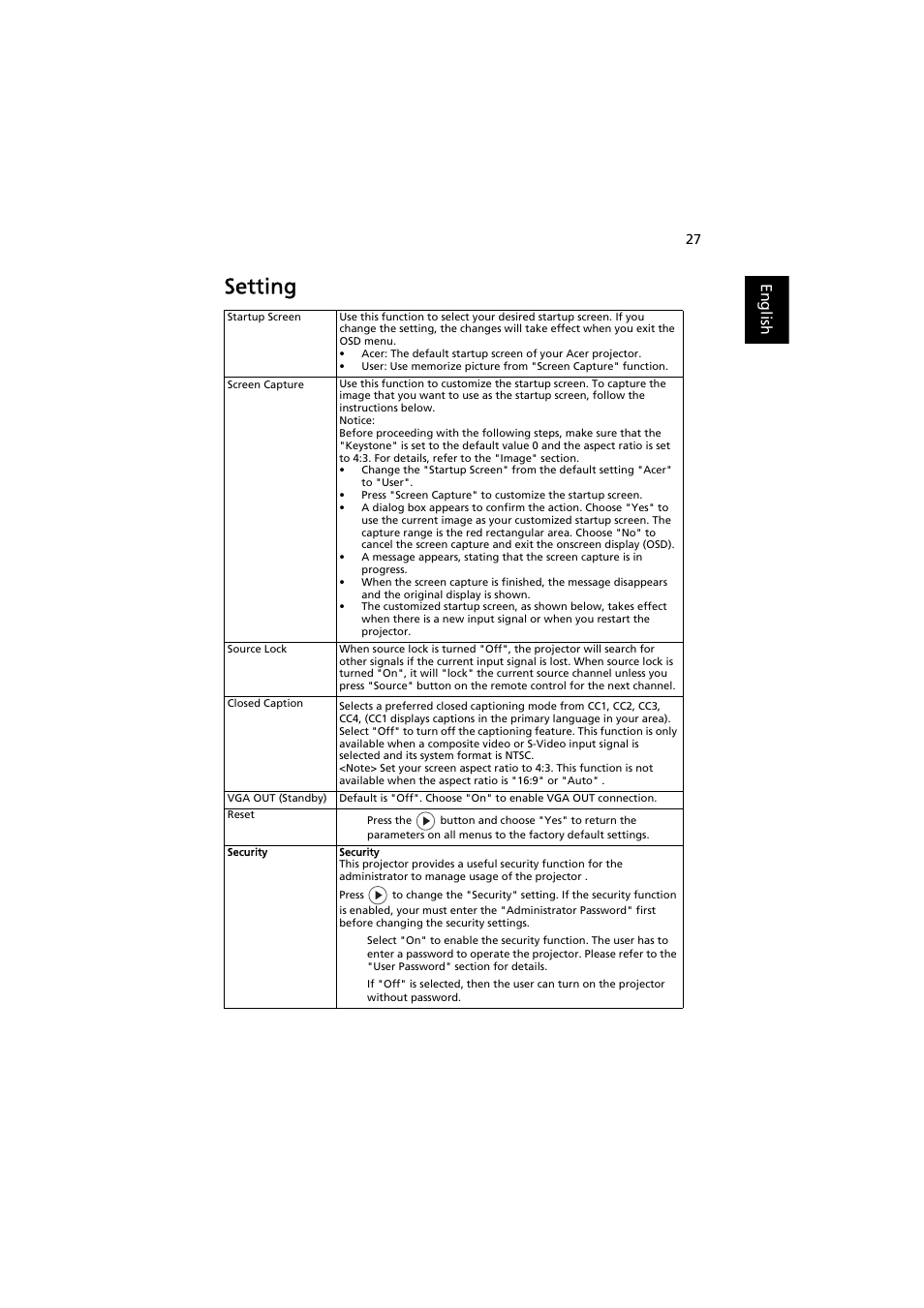 Setting, English | Acer P1380W User Manual | Page 37 / 69