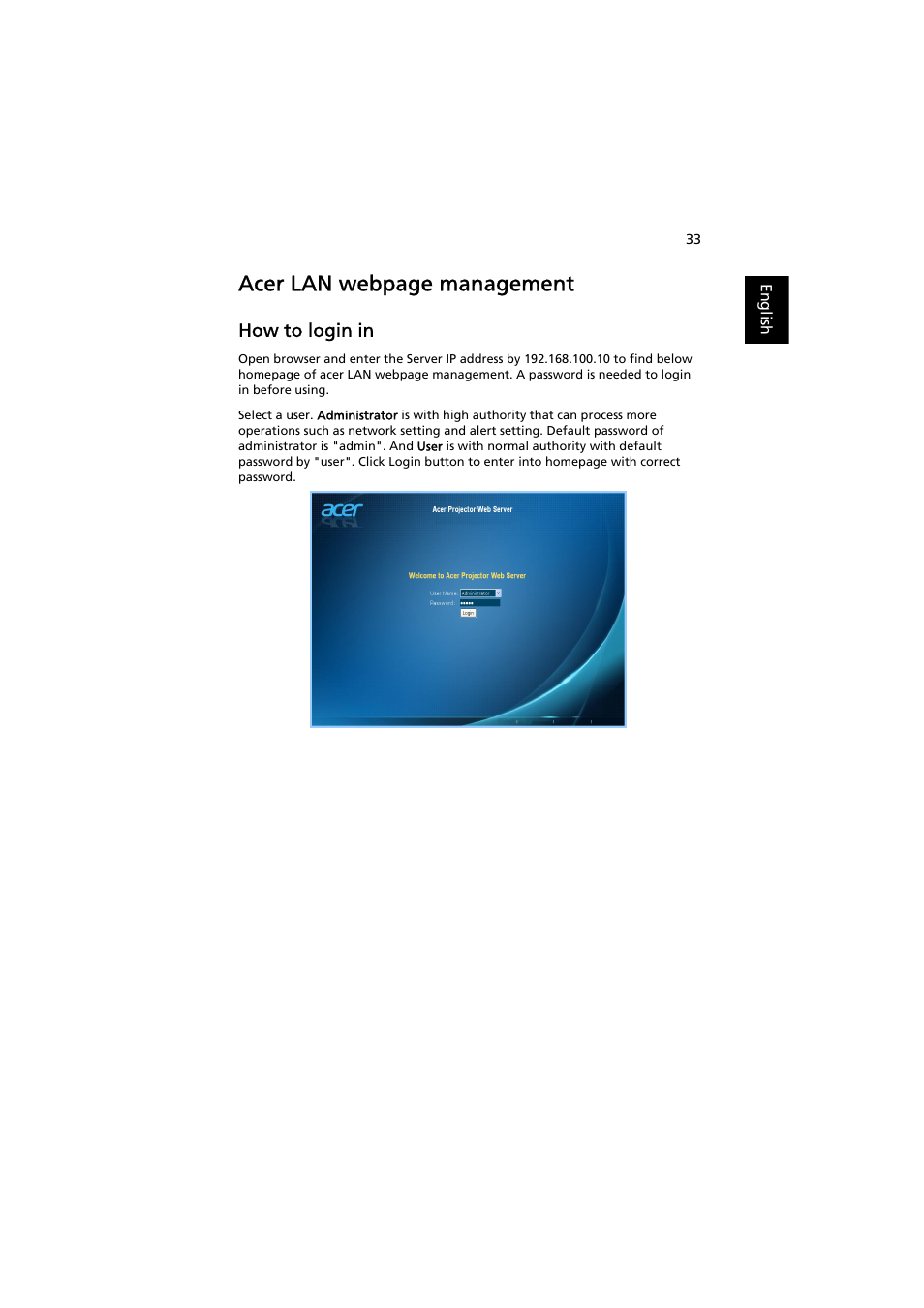 How to login in, Acer lan webpage management | Acer P1380W User Manual | Page 43 / 69