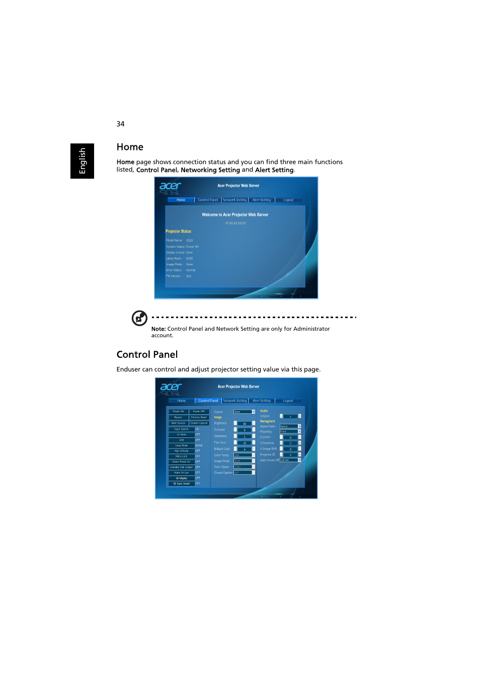 Home, Control panel | Acer P1380W User Manual | Page 44 / 69