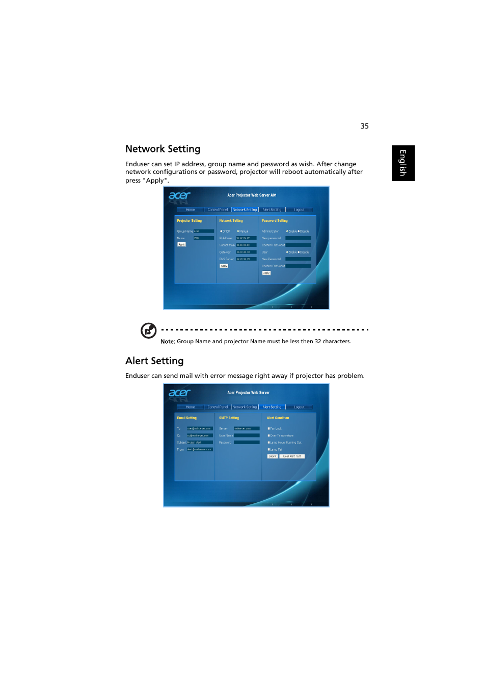 Network setting, Alert setting | Acer P1380W User Manual | Page 45 / 69