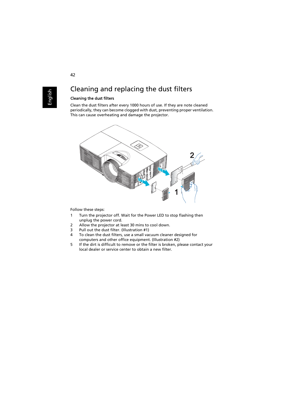 Cleaning and replacing the dust filters | Acer P1380W User Manual | Page 52 / 69