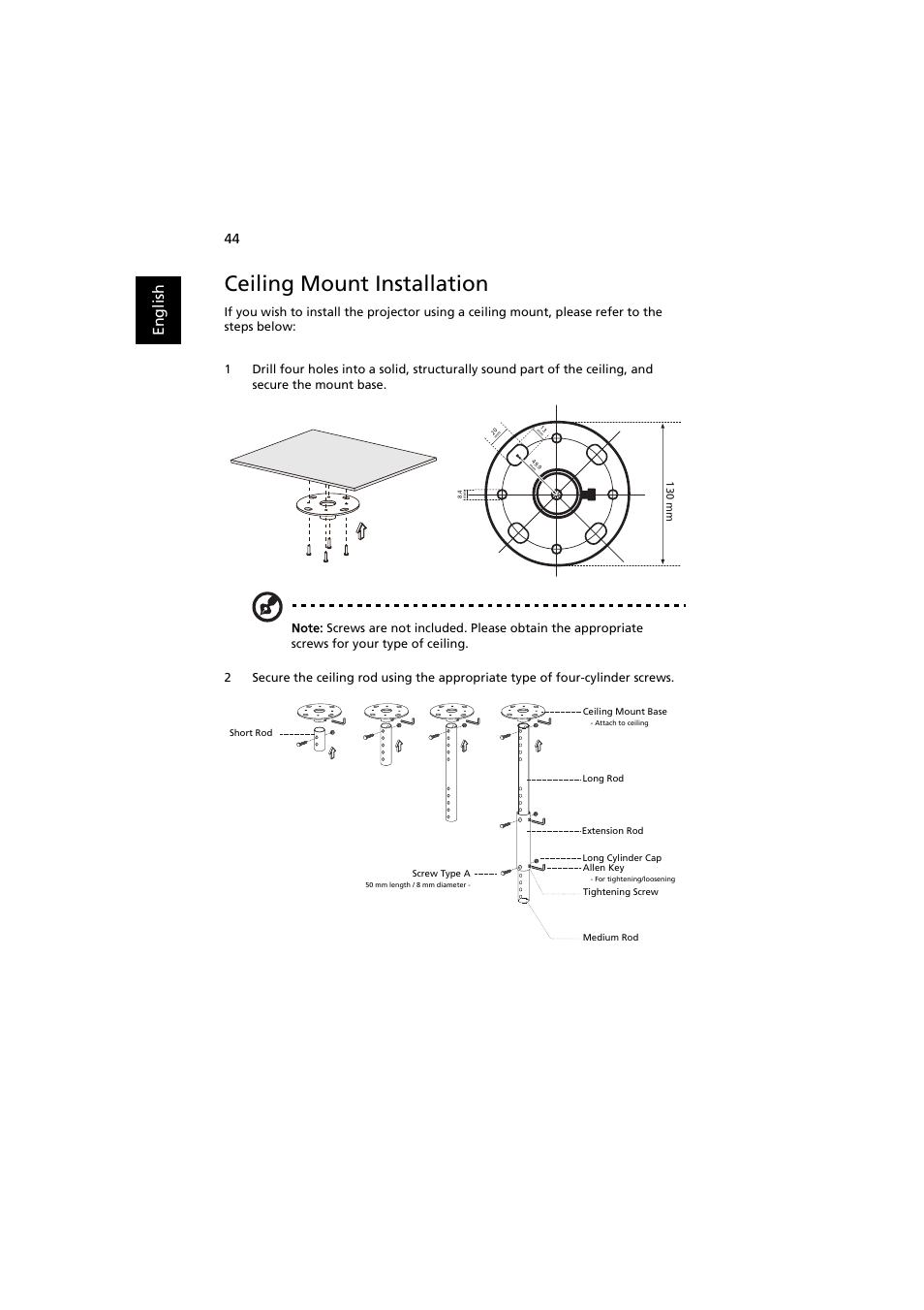 Ceiling mount installation, En gl ish | Acer P1380W User Manual | Page 54 / 69