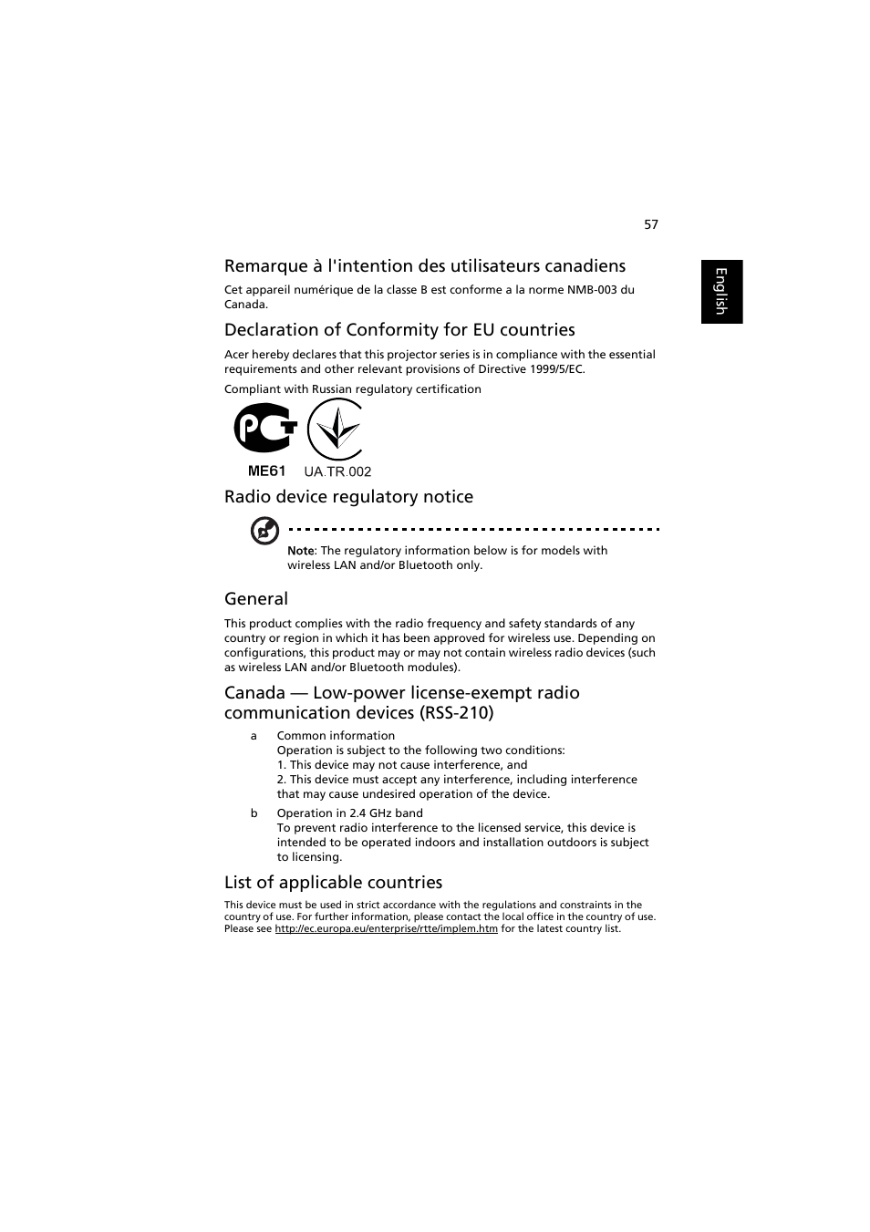 Remarque à l'intention des utilisateurs canadiens, Declaration of conformity for eu countries, Radio device regulatory notice | General, List of applicable countries | Acer P1380W User Manual | Page 67 / 69