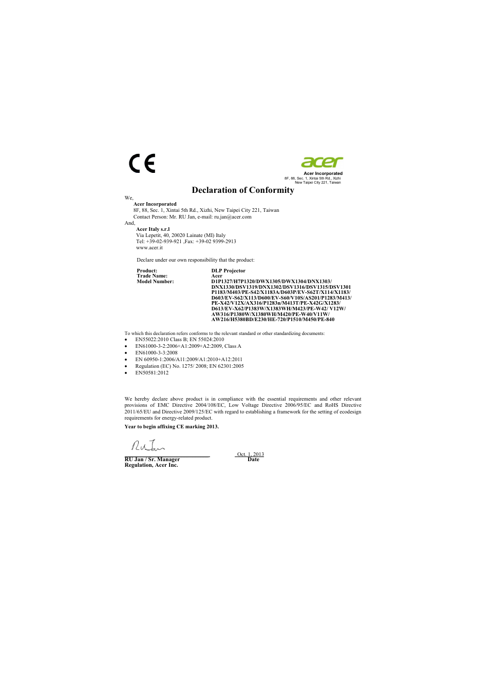 Declaration of conformity | Acer P1380W User Manual | Page 68 / 69