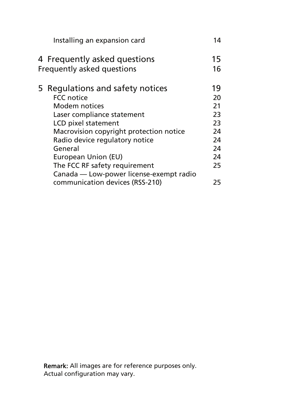 4 frequently asked questions 15, 5 regulations and safety notices 19 | Acer AcerSystem (User Guide) User Manual | Page 10 / 39