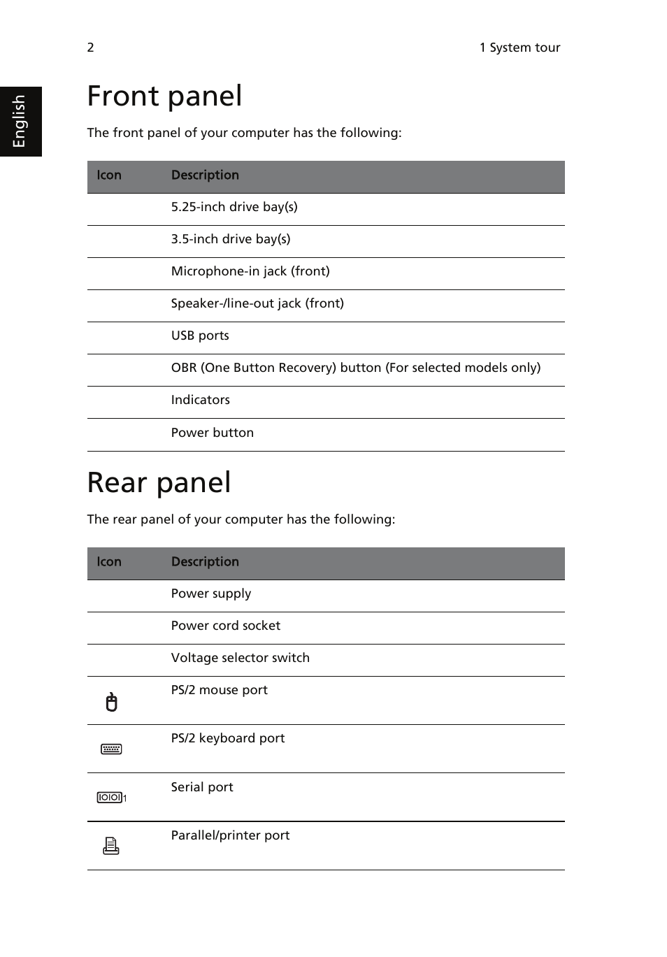 Front panel, Rear panel | Acer AcerSystem (User Guide) User Manual | Page 12 / 39