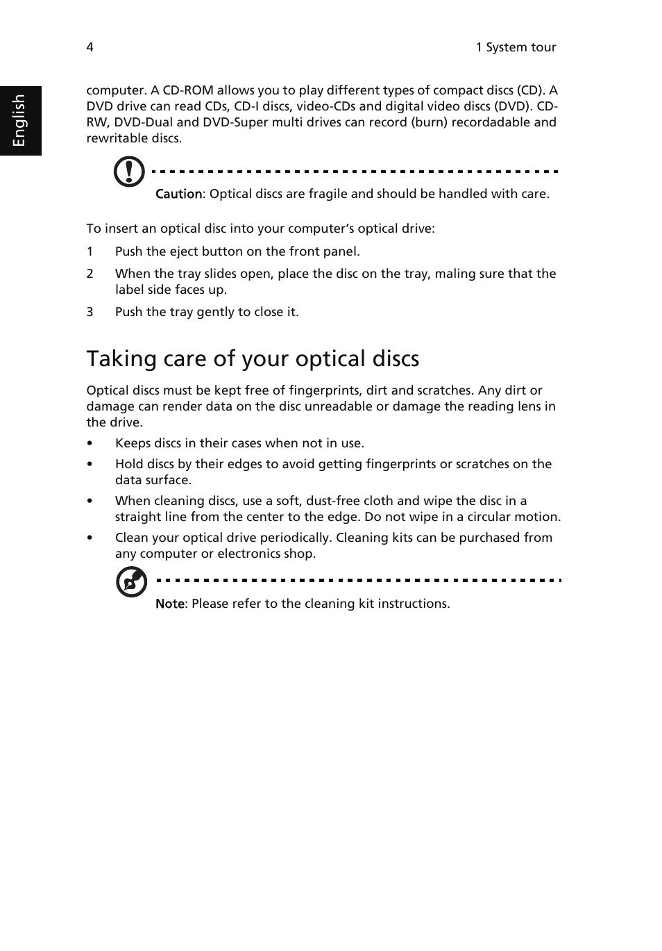 Taking care of your optical discs | Acer AcerSystem (User Guide) User Manual | Page 14 / 39