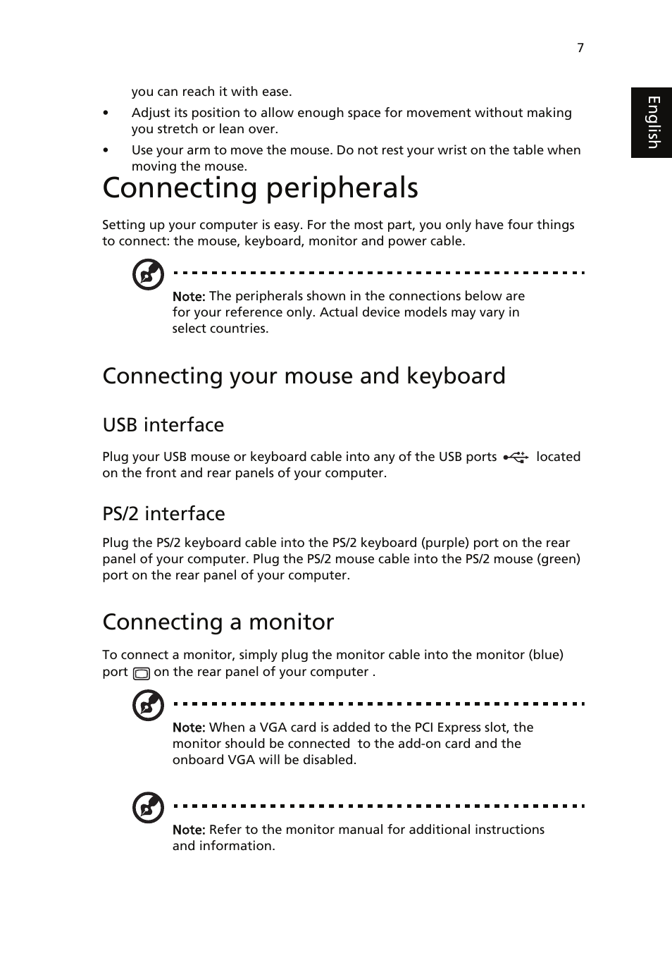 Connecting peripherals, Connecting your mouse and keyboard, Connecting a monitor | Usb interface, Ps/2 interface | Acer AcerSystem (User Guide) User Manual | Page 17 / 39