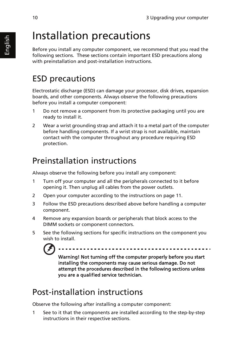 Installation precautions, Esd precautions, Preinstallation instructions | Post-installation instructions | Acer AcerSystem (User Guide) User Manual | Page 20 / 39