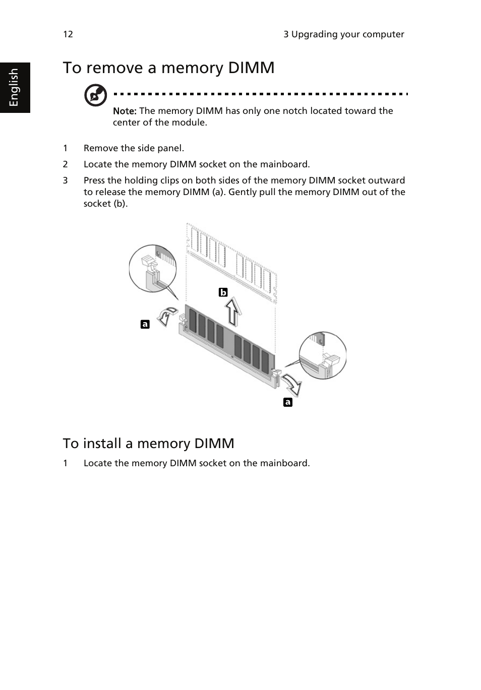 To remove a memory dimm, To install a memory dimm | Acer AcerSystem (User Guide) User Manual | Page 22 / 39