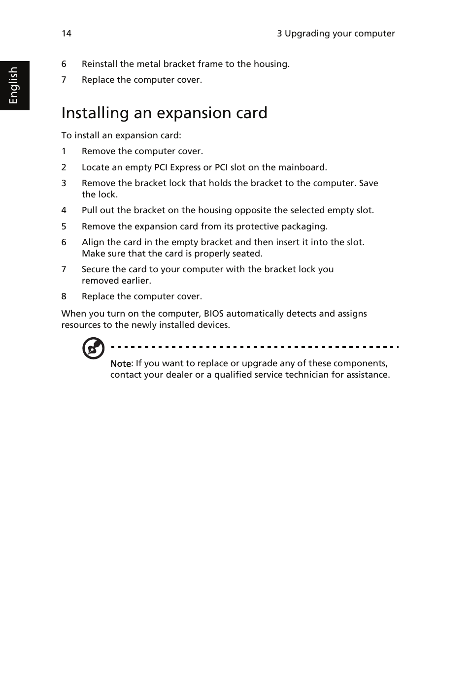 Installing an expansion card | Acer AcerSystem (User Guide) User Manual | Page 24 / 39