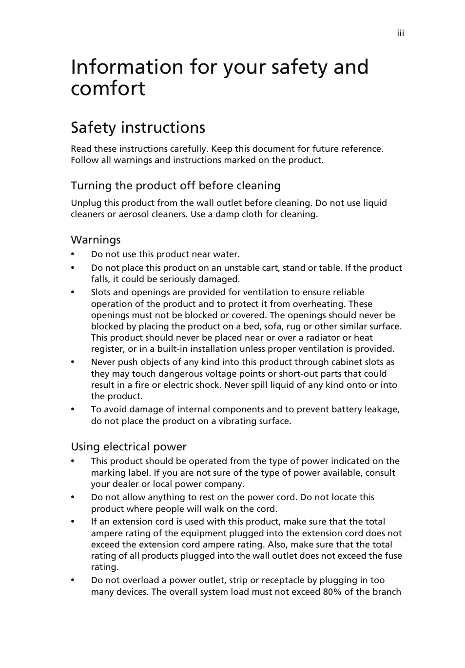 Information for your safety and comfort, Safety instructions | Acer AcerSystem (User Guide) User Manual | Page 3 / 39
