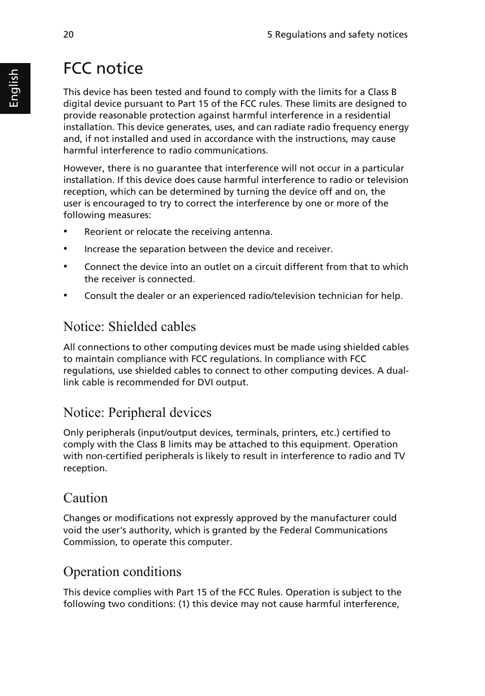 Fcc notice, Notice: shielded cables, Notice: peripheral devices | Caution, Operation conditions | Acer AcerSystem (User Guide) User Manual | Page 30 / 39