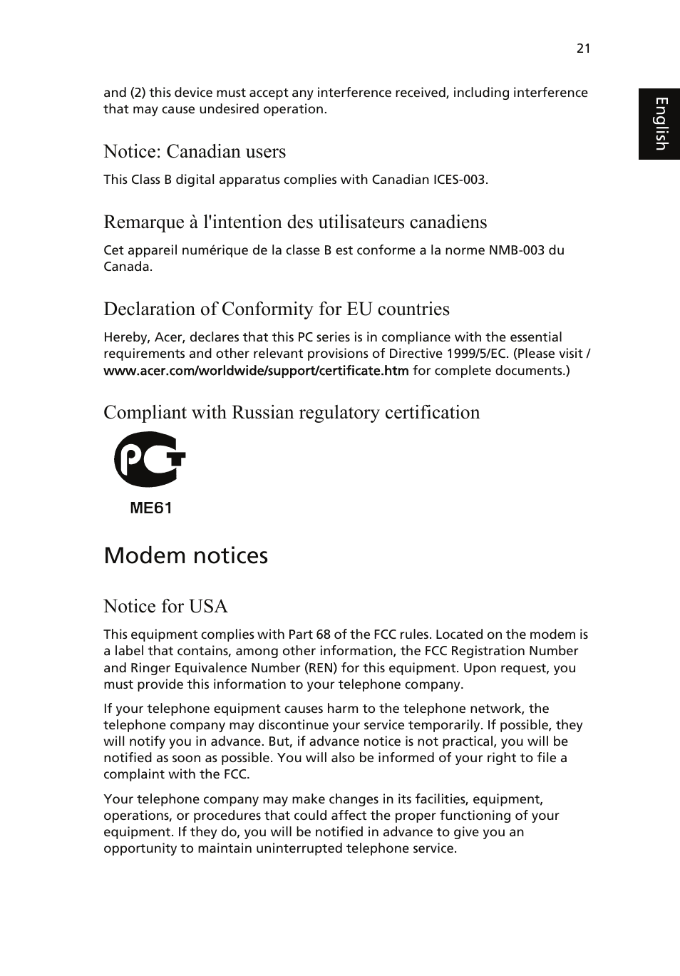 Modem notices, Notice: canadian users, Remarque à l'intention des utilisateurs canadiens | Declaration of conformity for eu countries, Compliant with russian regulatory certification, Notice for usa | Acer AcerSystem (User Guide) User Manual | Page 31 / 39