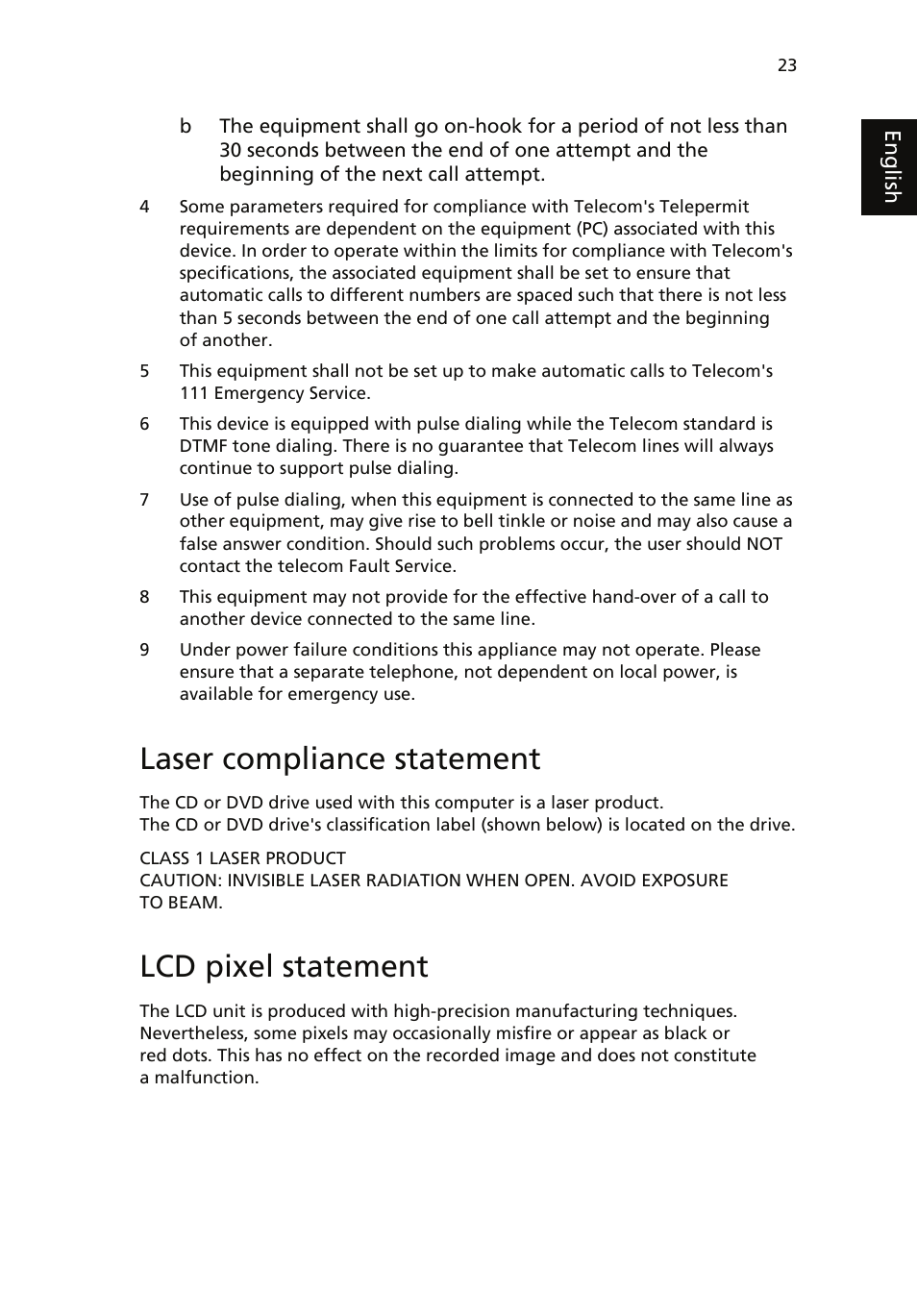 Laser compliance statement, Lcd pixel statement | Acer AcerSystem (User Guide) User Manual | Page 33 / 39