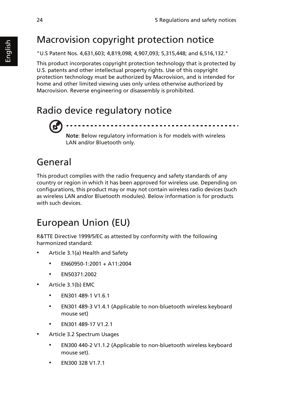 Macrovision copyright protection notice, Radio device regulatory notice, General | European union (eu) | Acer AcerSystem (User Guide) User Manual | Page 34 / 39