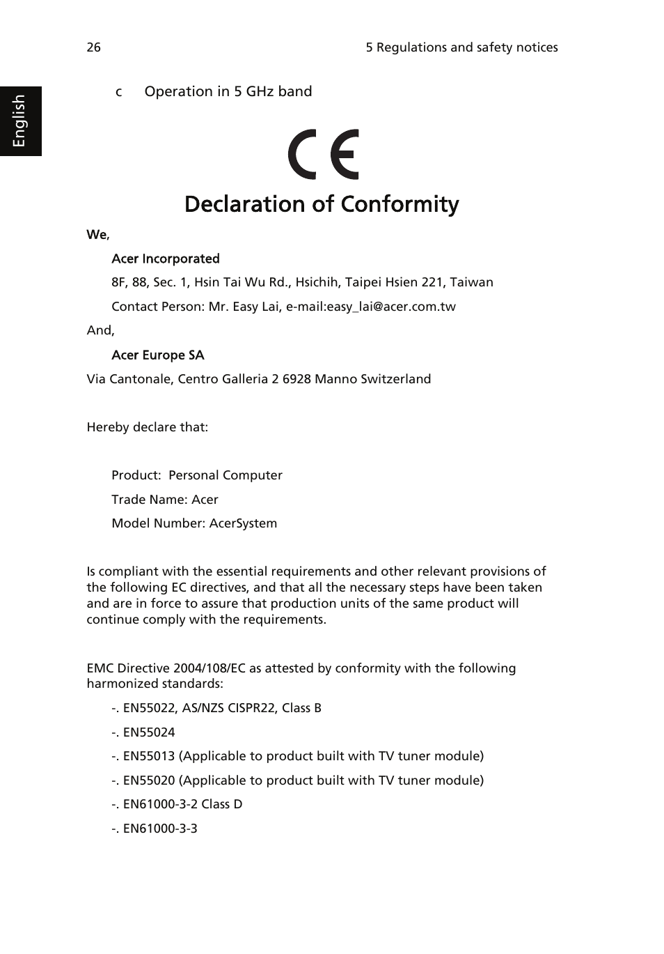 Declaration of conformity | Acer AcerSystem (User Guide) User Manual | Page 36 / 39