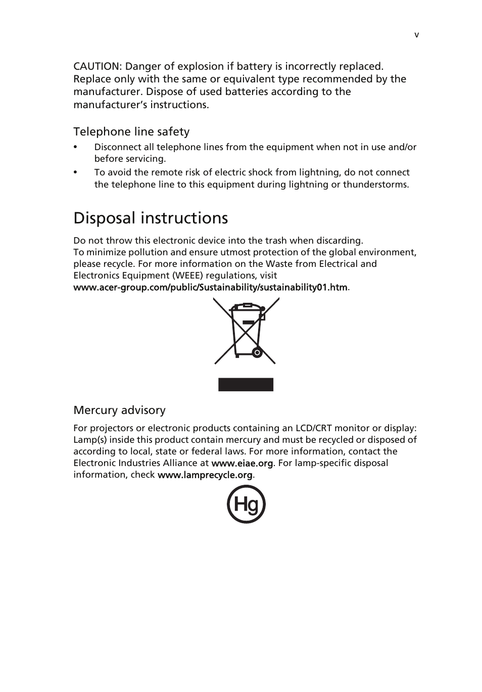 Disposal instructions | Acer AcerSystem (User Guide) User Manual | Page 5 / 39