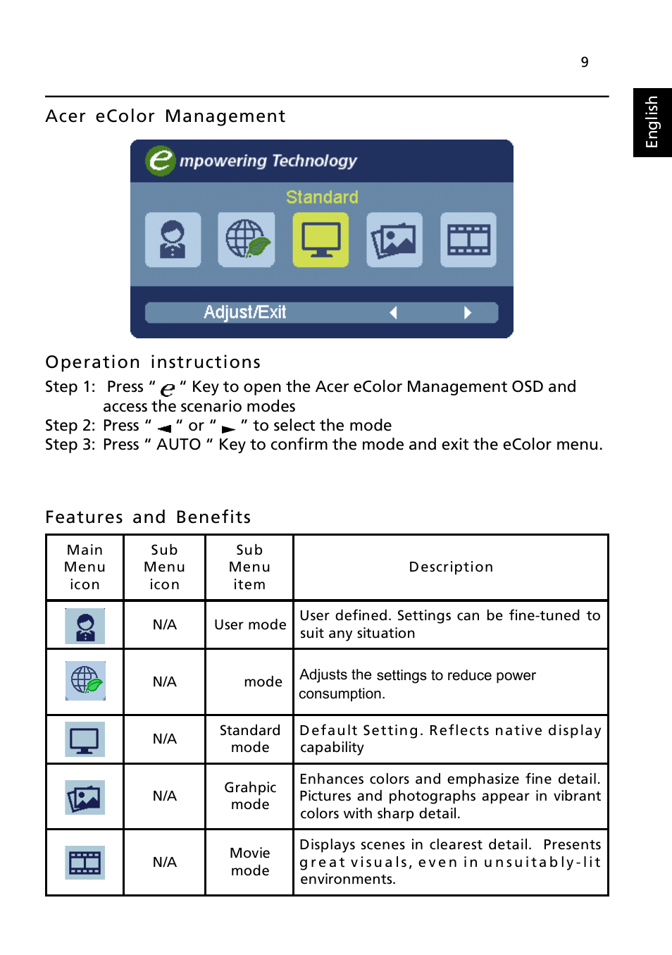 Acer ecolor management operation instructions, Features and benefits | Acer V246HL User Manual | Page 21 / 27