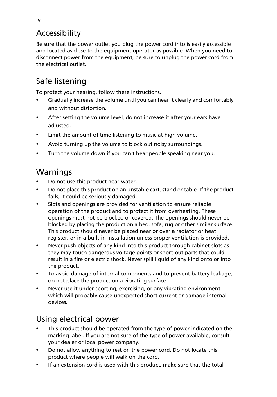 Accessibility, Safe listening, Warnings | Using electrical power | Acer V246HL User Manual | Page 4 / 27