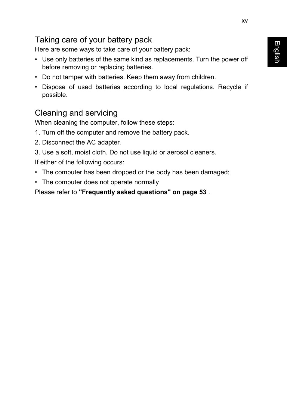 Taking care of your battery pack, Cleaning and servicing | Acer TravelMate P245-MG User Manual | Page 15 / 86