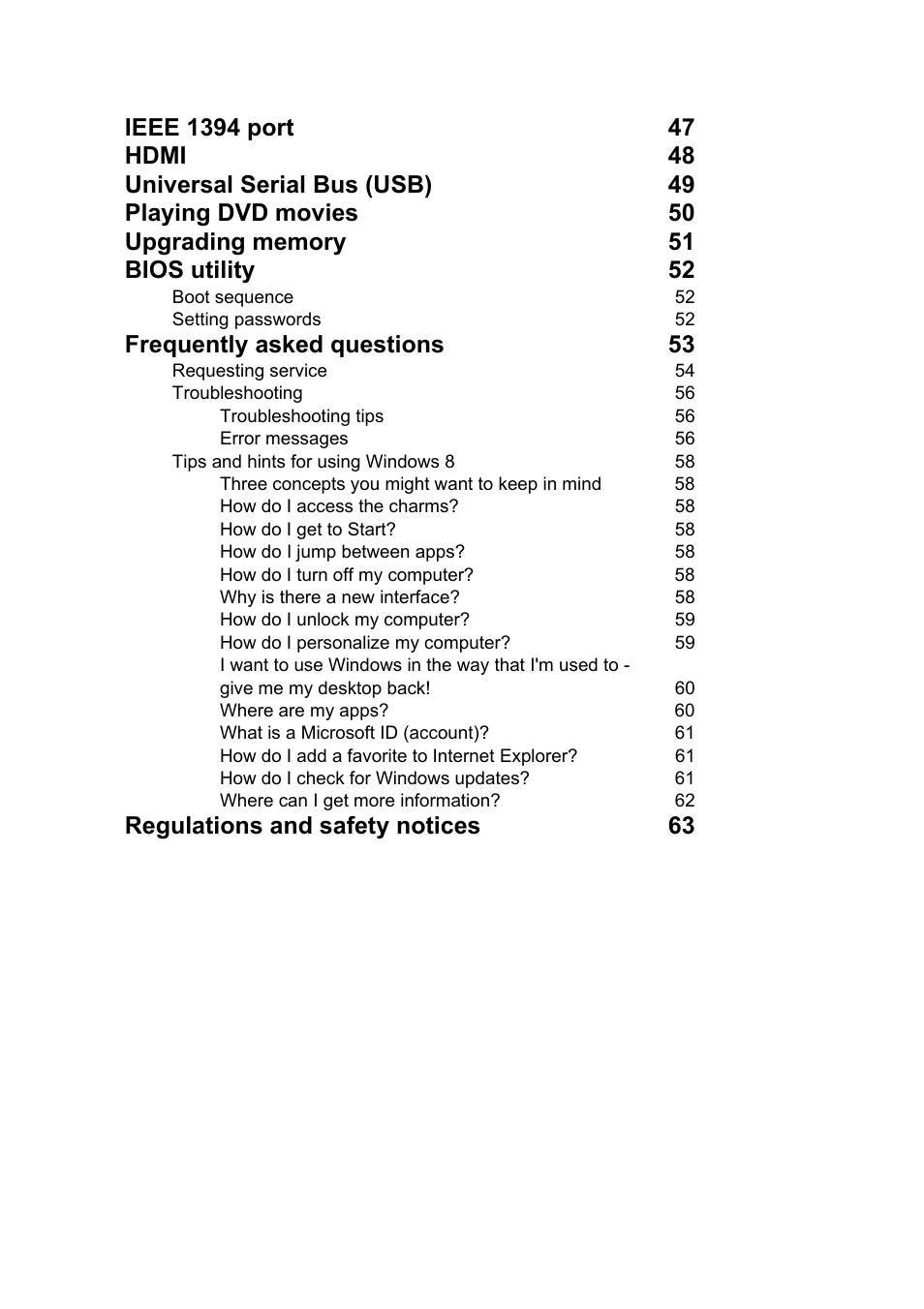 Frequently asked questions 53, Regulations and safety notices 63 | Acer TravelMate P245-MG User Manual | Page 18 / 86