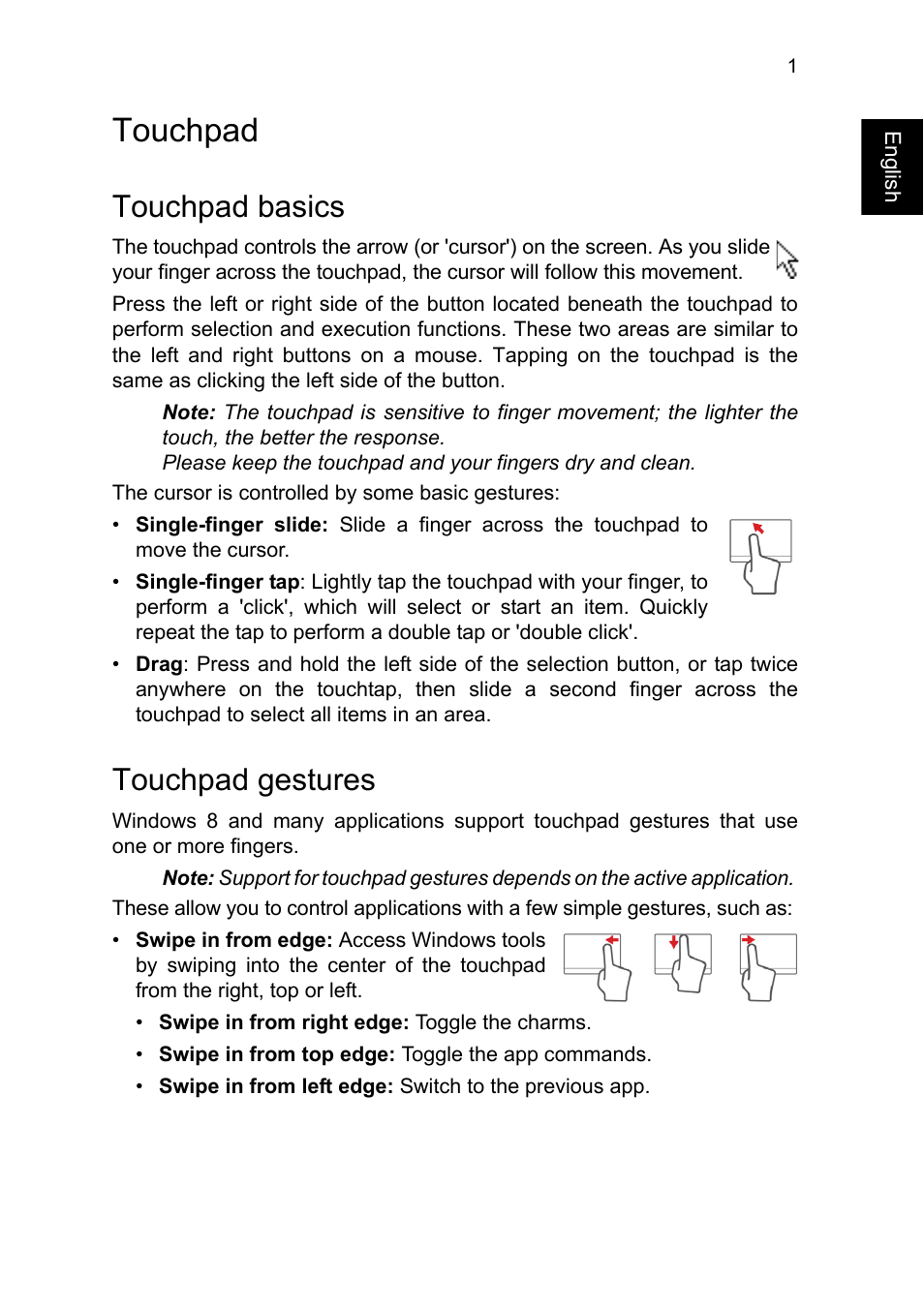 Touchpad, Touchpad basics, Touchpad gestures | Acer TravelMate P245-MG User Manual | Page 19 / 86