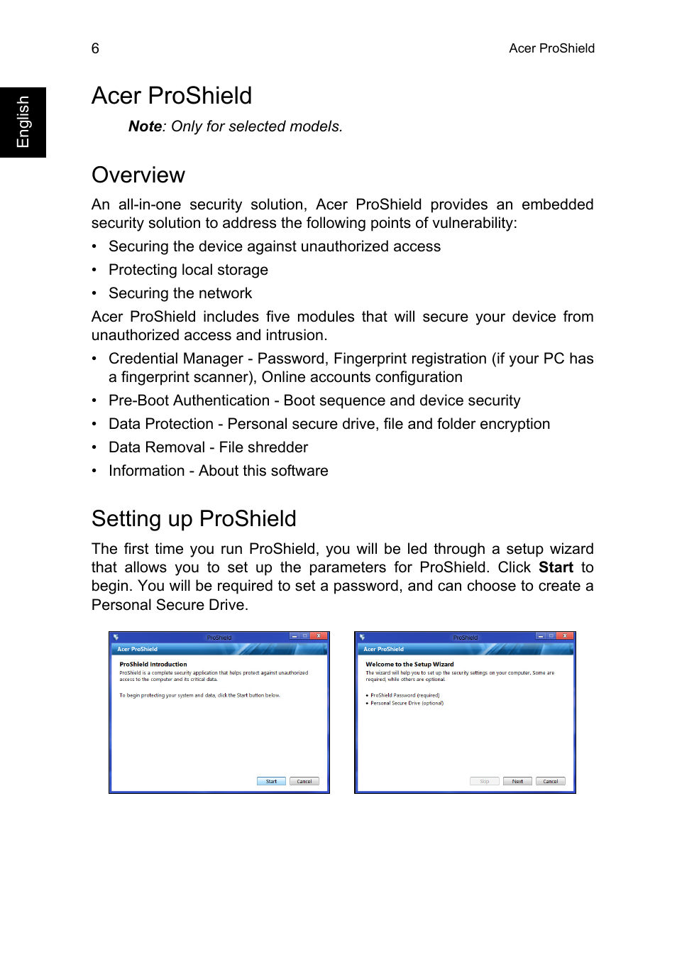 Acer proshield, Overview, Setting up proshield | Acer TravelMate P245-MG User Manual | Page 24 / 86