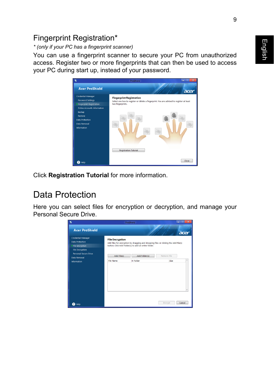 Fingerprint registration, Data protection | Acer TravelMate P245-MG User Manual | Page 27 / 86