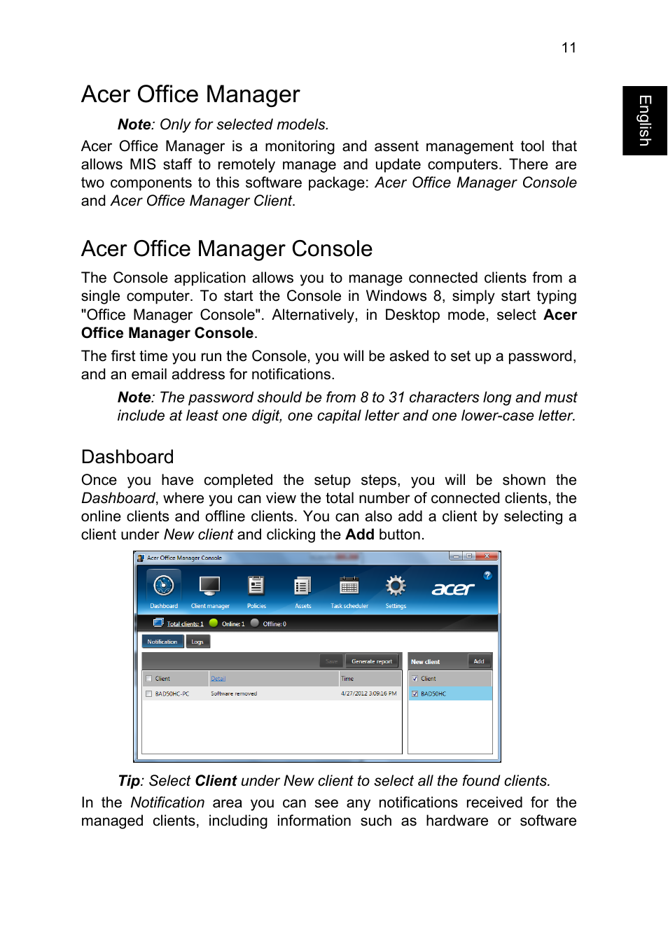 Acer office manager, Acer office manager console, Dashboard | Acer TravelMate P245-MG User Manual | Page 29 / 86