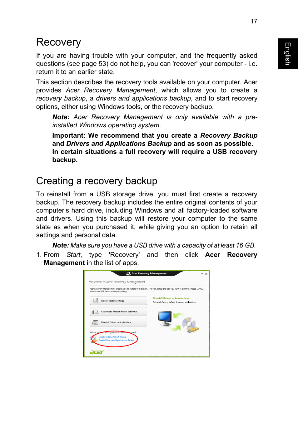 Recovery, Creating a recovery backup | Acer TravelMate P245-MG User Manual | Page 35 / 86