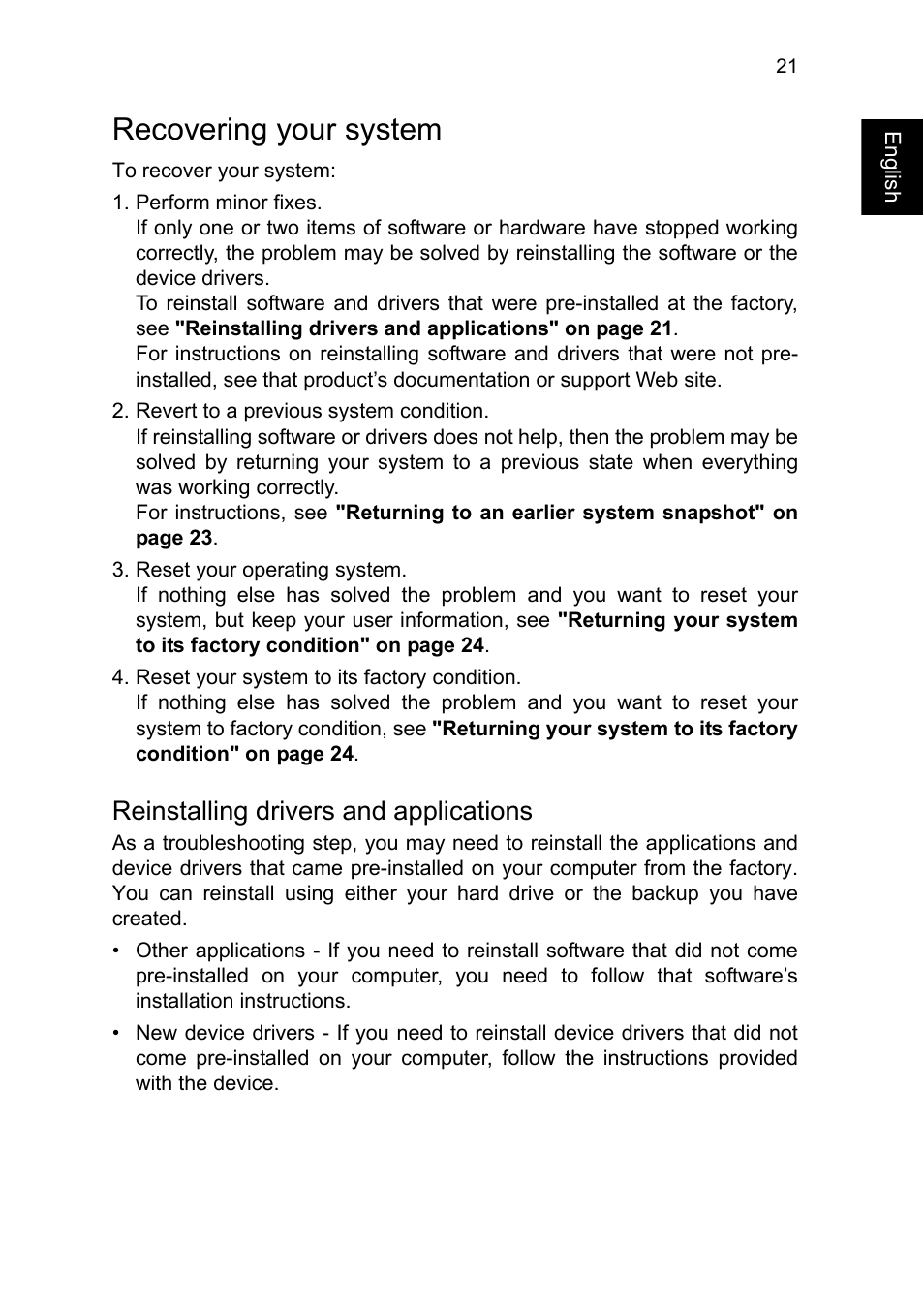 Recovering your system, Reinstalling drivers and applications | Acer TravelMate P245-MG User Manual | Page 39 / 86