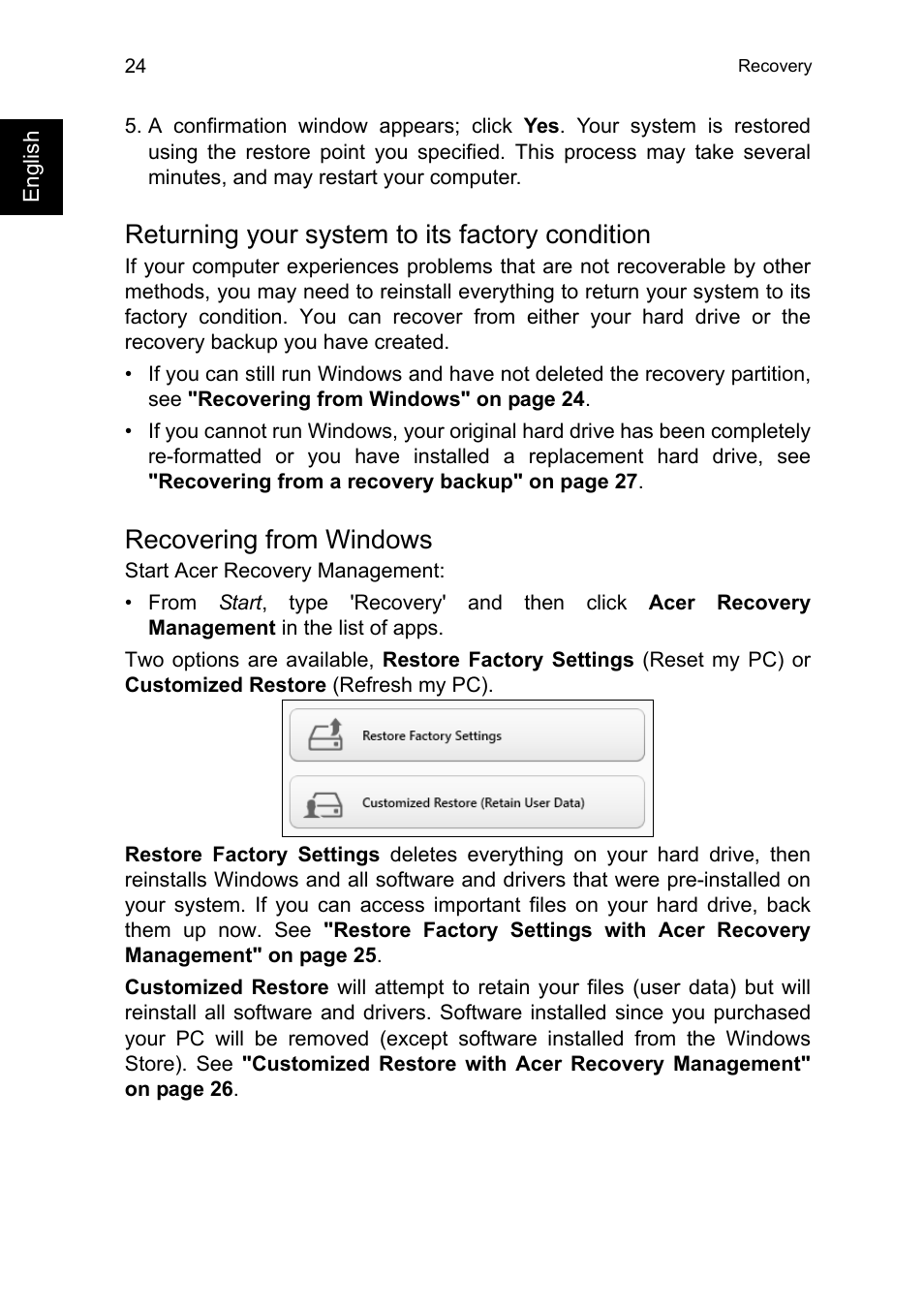 Returning your system to its factory condition, Recovering from windows | Acer TravelMate P245-MG User Manual | Page 42 / 86