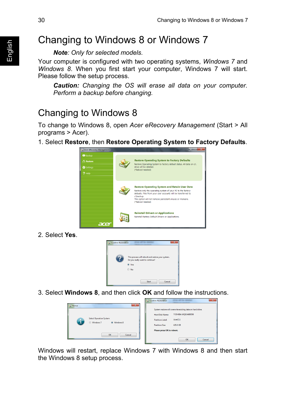 Changing to windows 8 or windows 7, Changing to windows 8 | Acer TravelMate P245-MG User Manual | Page 48 / 86