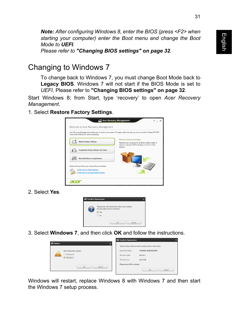 Changing to windows 7 | Acer TravelMate P245-MG User Manual | Page 49 / 86