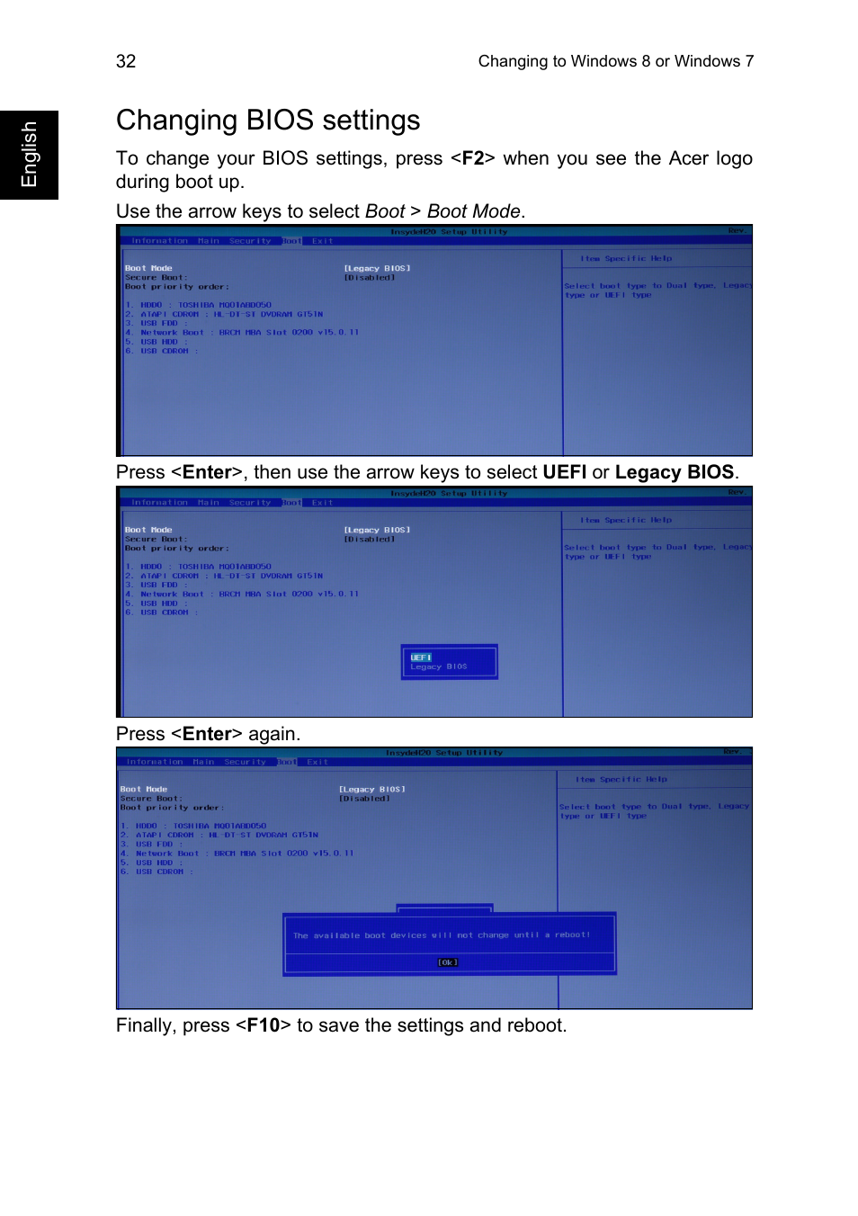 Changing bios settings | Acer TravelMate P245-MG User Manual | Page 50 / 86