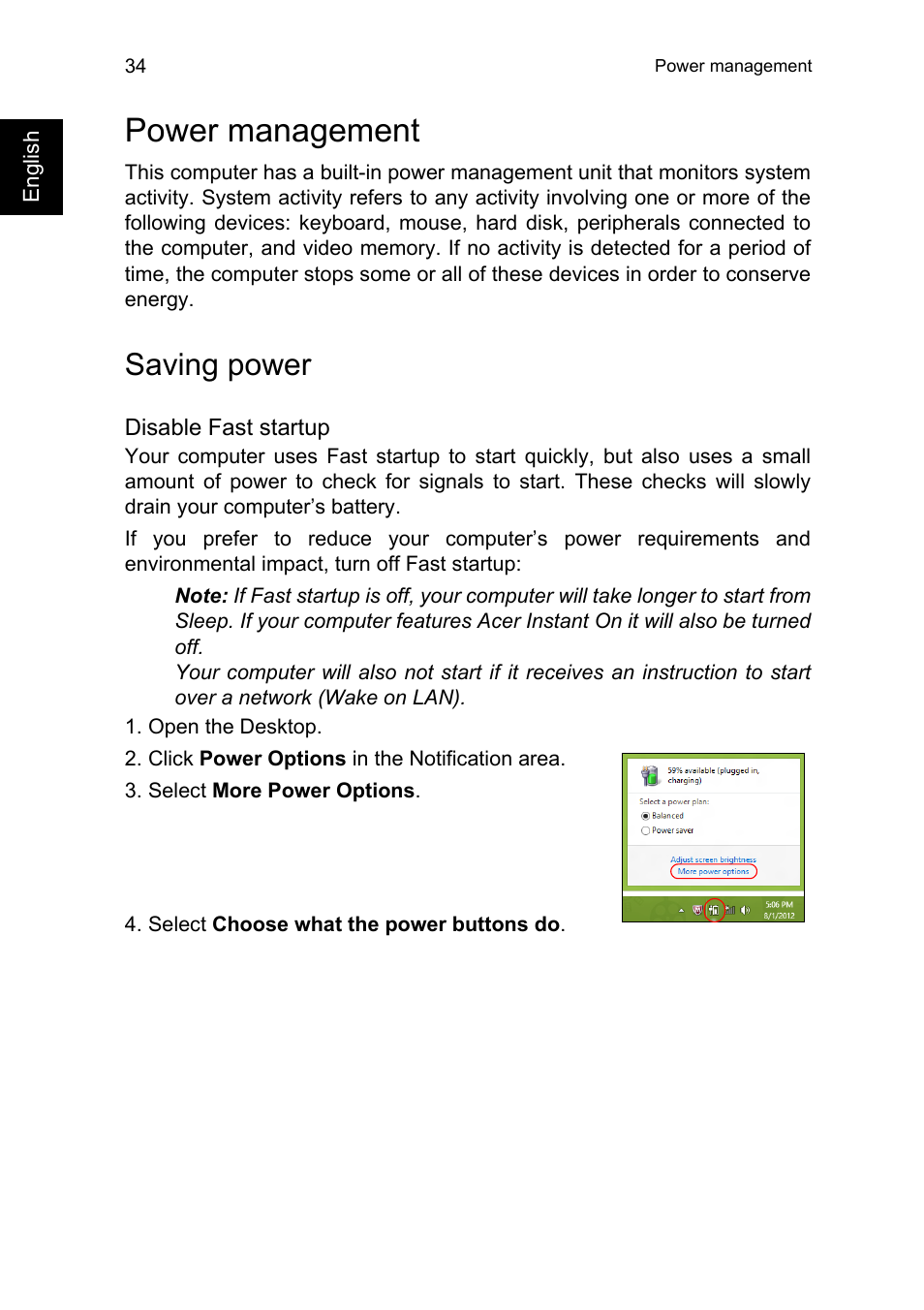 Power management, Saving power | Acer TravelMate P245-MG User Manual | Page 52 / 86